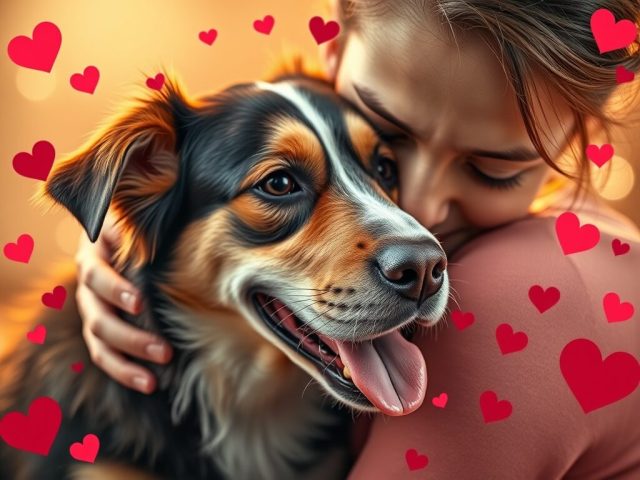 Woman cuddling dog